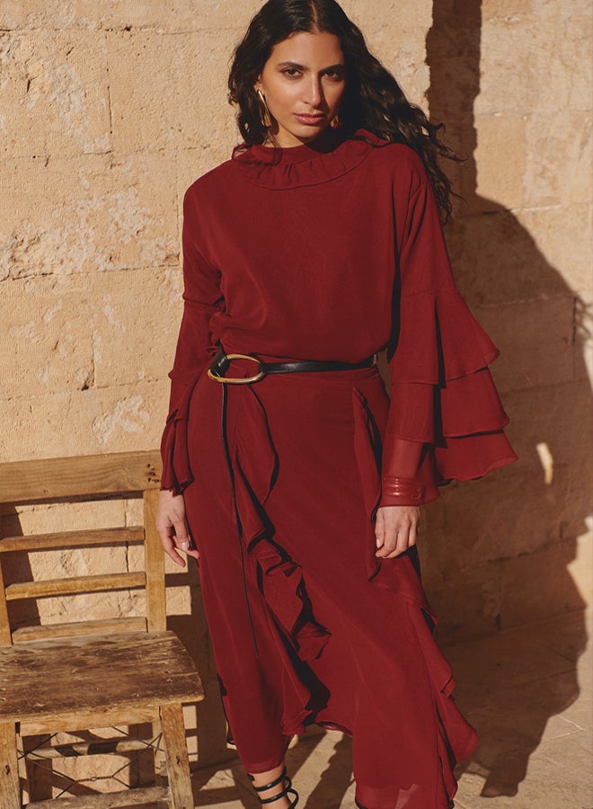 trendyol X AI Burgundy Ruffle Sleeve Chiffon Tunic - Image 3