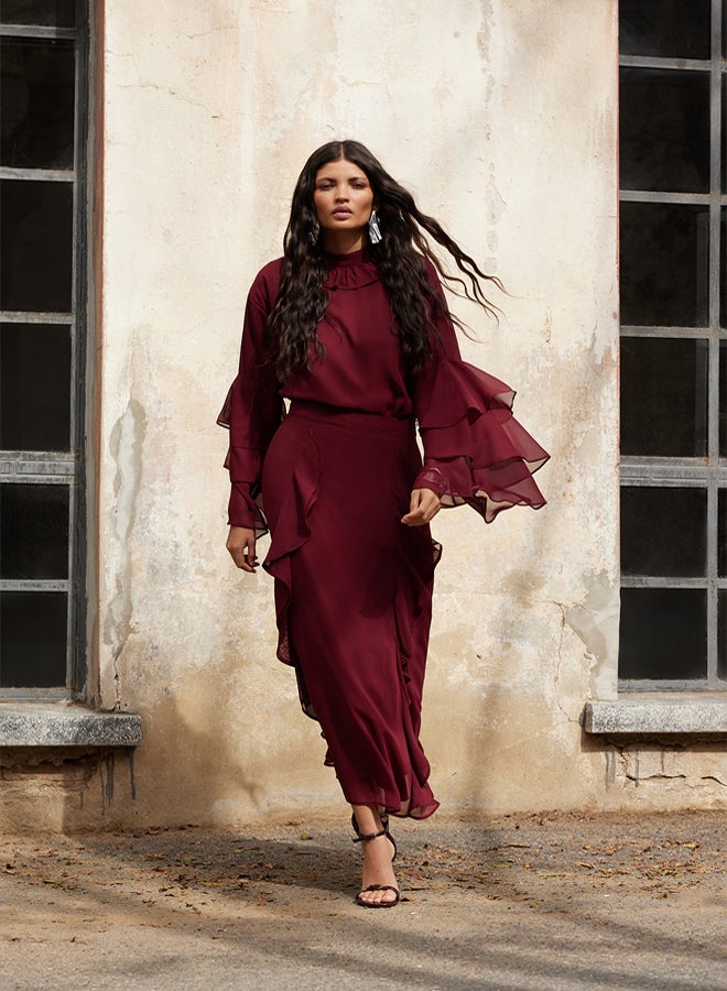 trendyol X AI Burgundy Ruffle Sleeve Chiffon Tunic - Image 2