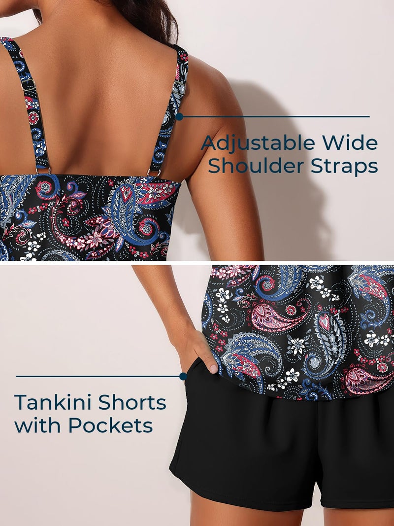Summer Mae Blouson Womens Tankini Swimsuits 2026 Modest Tummy Control Bathing Suits Swim Shorts with Pockets for Beach Black Paisley Size 14 - Image 5