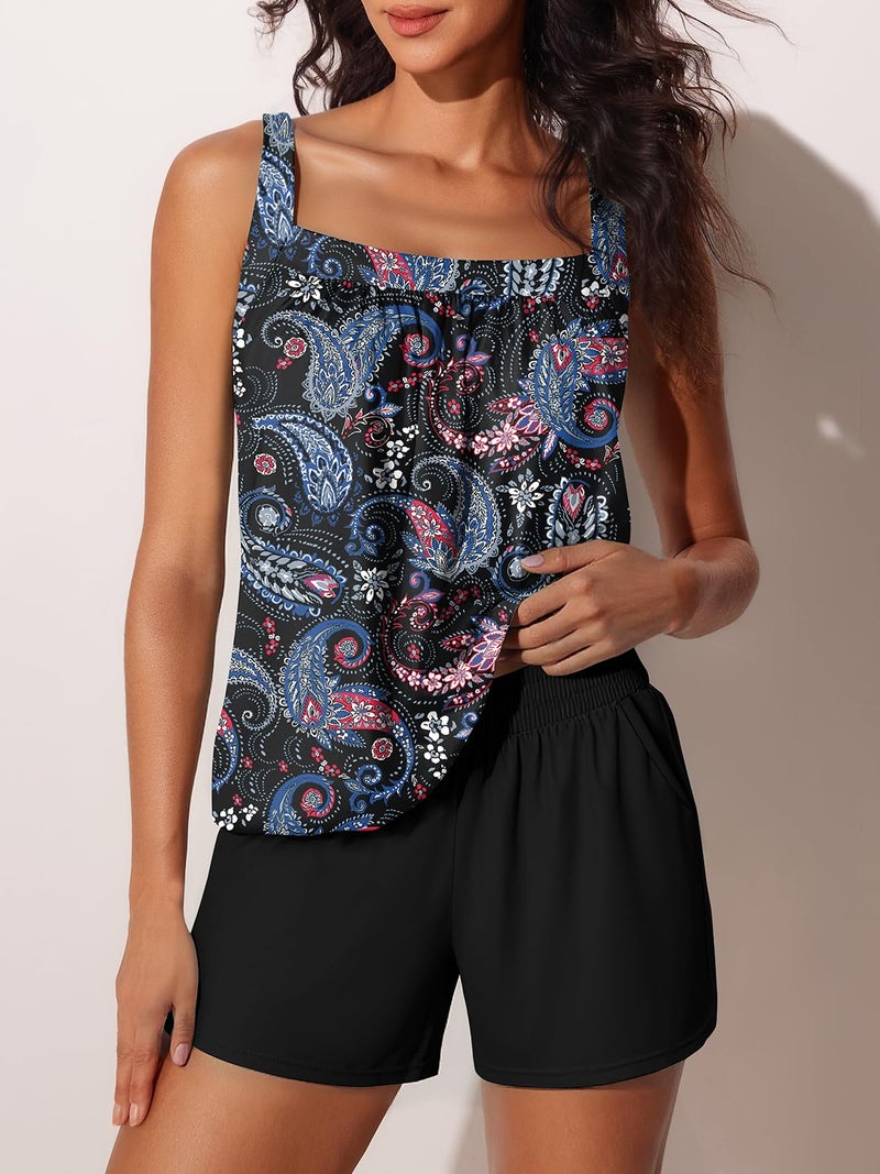Summer Mae Blouson Womens Tankini Swimsuits 2026 Modest Tummy Control Bathing Suits Swim Shorts with Pockets for Beach Black Paisley Size 14 - Image 3