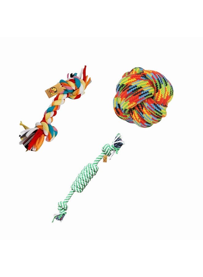 مجموعة ألعاب مضغ الحبل القطني التفاعلية 3 في 1 للكلاب والجراء والقطط (حبل ملتوي وكرة قطنية وحبل مكون من عقدتين) | لعبة مضغ وإحضار ولعب وتسنين وتدريب - Image 1