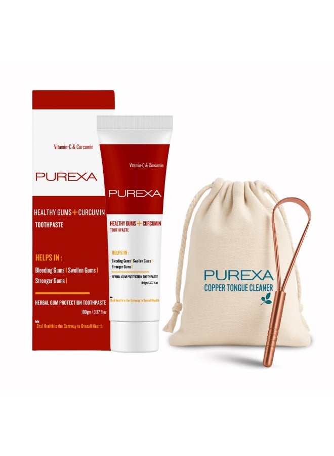 PUREXA Healthy Gums Herbal Combo | 1 Curcumin Toothpaste (100g) with 1 Q-Shape Tongue Cleaner | Ayurvedic Gum Care, Spearmint Freshness & Complete Oral Hygiene - Image 1