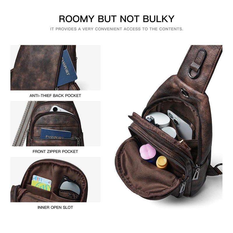 LATMAP 7L Sling Bag For Women Faux Leather Anti Theft Small Casual Daypack Backpack Fanny Pack Crossbody Chest Bags Purse Waterproof Coffee Color - Image 5