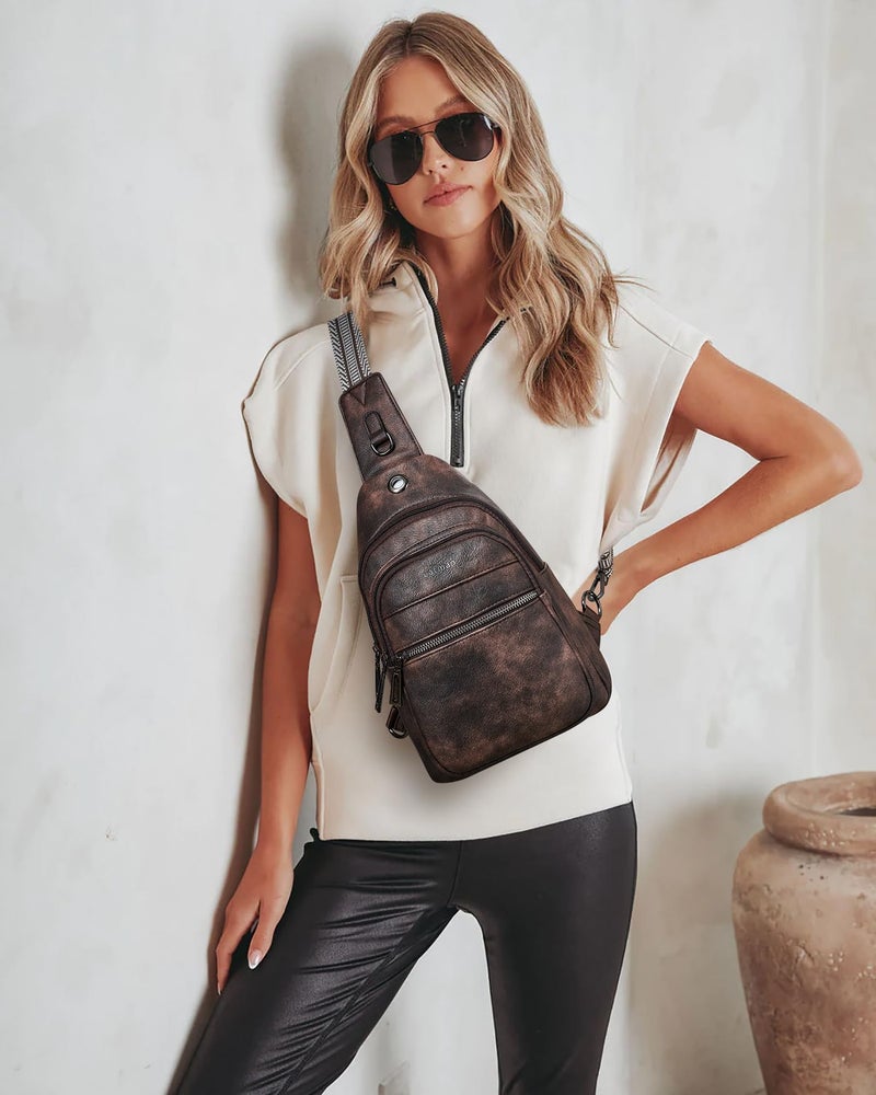 LATMAP 7L Sling Bag For Women Faux Leather Anti Theft Small Casual Daypack Backpack Fanny Pack Crossbody Chest Bags Purse Waterproof Coffee Color - Image 2