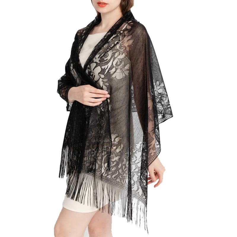 Ladiery Women's Floral Lace Scarf Shawl with Tassels, Soft Mesh Fringe Wraps for Wedding Evening Party Dresses - Image 3