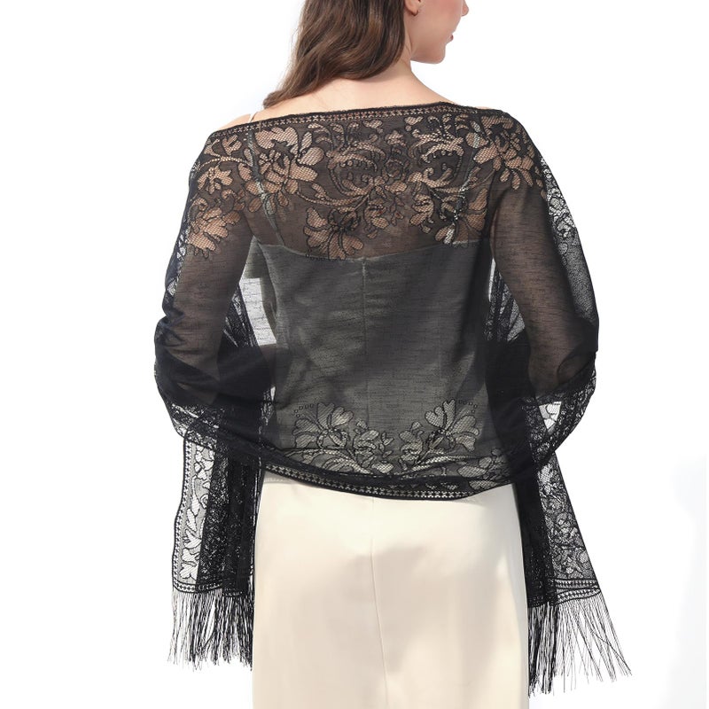 Ladiery Women's Floral Lace Scarf Shawl with Tassels, Soft Mesh Fringe Wraps for Wedding Evening Party Dresses - Image 1