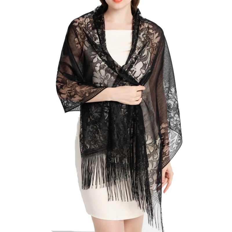 Ladiery Women's Floral Lace Scarf Shawl with Tassels, Soft Mesh Fringe Wraps for Wedding Evening Party Dresses - Image 2