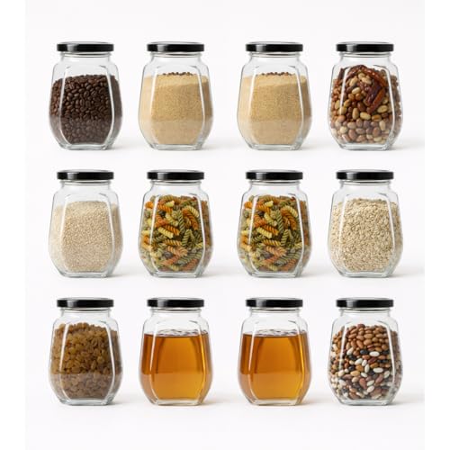 CROCO JAR Crown Shape Glass Jars with Black Lids|Premium Airtight Storage Containers for Kitchen, Spices, Pickles, Dry Fruits, Snacks & Pantry Organization|Transparent Glass Jars 250ml| Set of 12 - Image 1