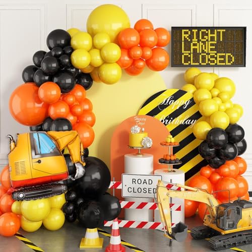 Sowide Construction Party Balloon Garland Kit Construction Birthday Party Supplies Orange Black Yellow Balloon Garland with Truck Foil Balloon for Construction Quarantine Party Decorations - Image 1