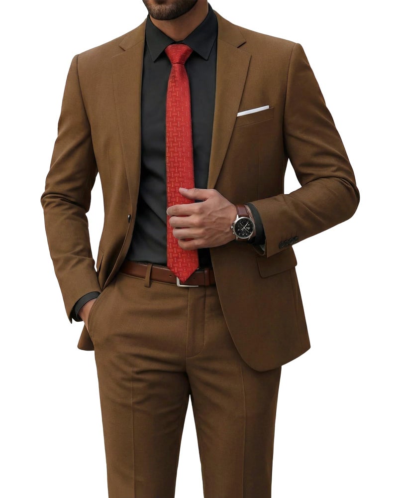 YND Men's 2 Piece Suit with Tie, One Button Slim Fit Solid Jacket and Pants Set, Suits for Men Prom Party Wedding & Business, Khaki - Image 1