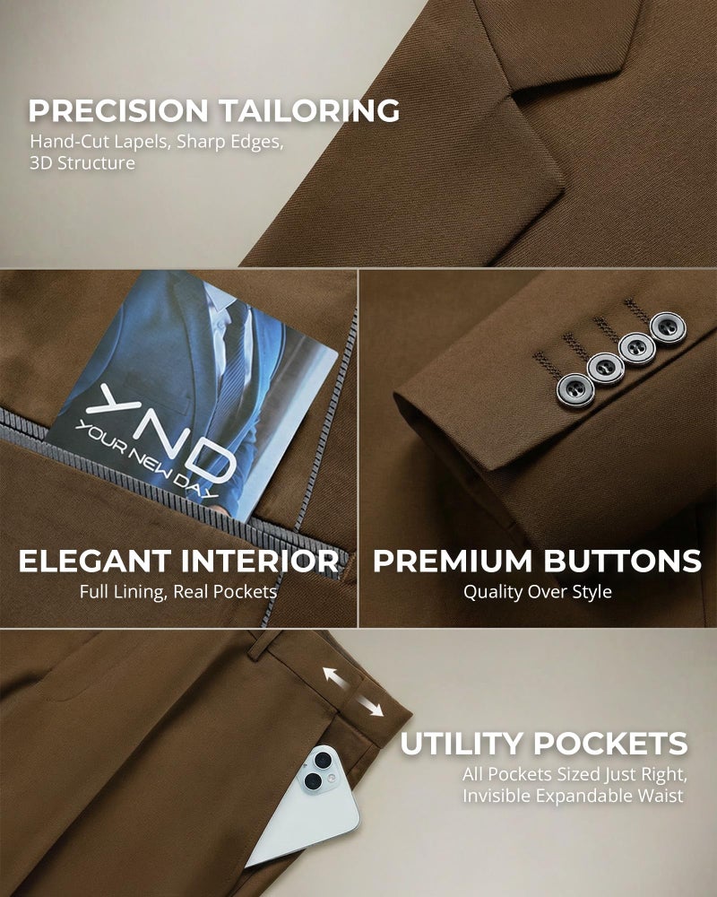 YND Men's 2 Piece Suit with Tie, One Button Slim Fit Solid Jacket and Pants Set, Suits for Men Prom Party Wedding & Business, Khaki - Image 4