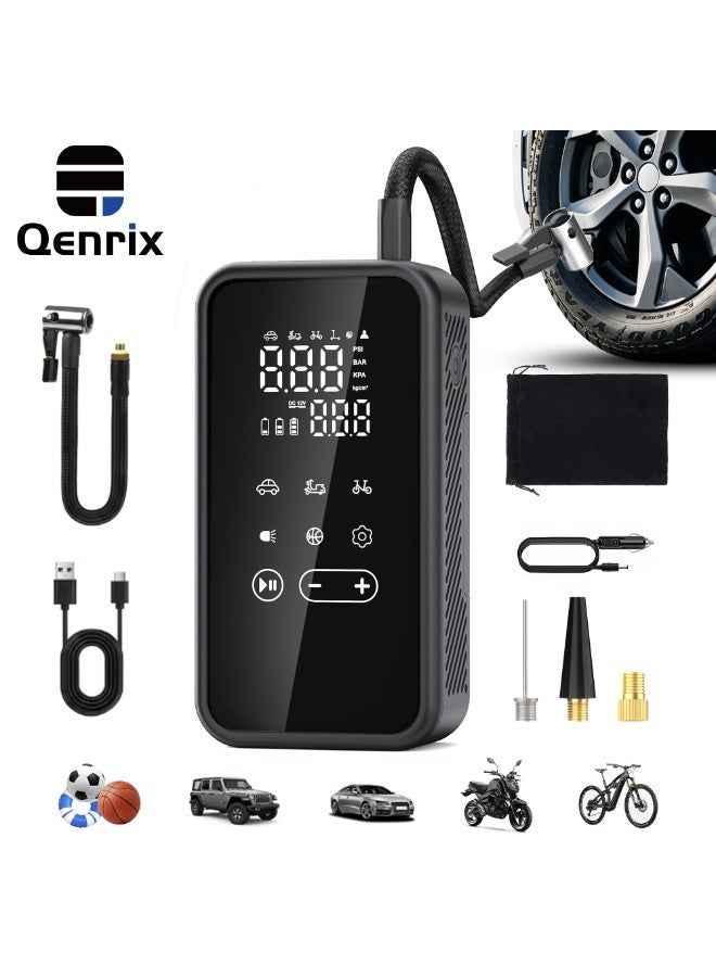 Qenrix D8 منفاخ إطارات بتحكم باللمس بضغط 150 PSI، ضاغط هواء لاسلكي مزدوج الطاقة يعمل بالبطارية وكابل DC بجهد 12 فولت، مع مقياس رقمي وإيقاف تلقائي وباور بانك ومصباح LED، أسود - Image 1