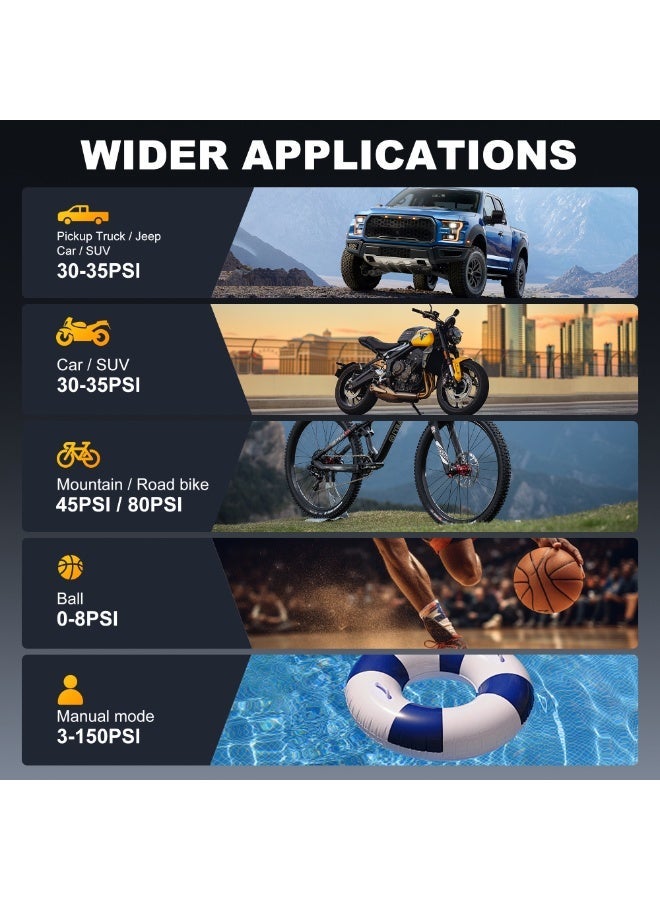 Qenrix D8 منفاخ إطارات بتحكم باللمس بضغط 150 PSI، ضاغط هواء لاسلكي مزدوج الطاقة يعمل بالبطارية وكابل DC بجهد 12 فولت، مع مقياس رقمي وإيقاف تلقائي وباور بانك ومصباح LED، أسود - Image 5