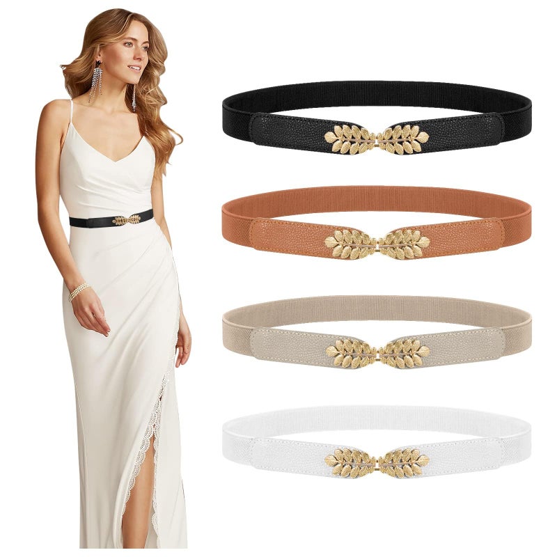 TRIWORKS 4 Pack Women Skinny Elastic Belt Ladies Fashion Stretchy Thin Waist Belt For Dresses Black/White/Brown/Beige - Image 1