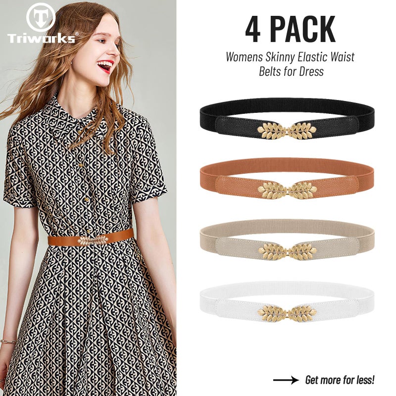 TRIWORKS 4 Pack Women Skinny Elastic Belt Ladies Fashion Stretchy Thin Waist Belt For Dresses Black/White/Brown/Beige - Image 2