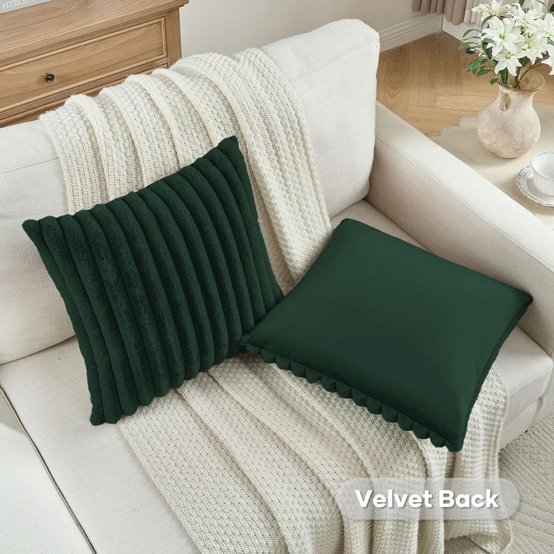 FUTEI Pack of 2 Fluffy Faux Fur Throw Pillow Covers 18x18 Inch Elegant Striped Textured Decorative Cushion Cases Modern Accent Pillow for Couch Bed Living Room, Dark Green - Image 4