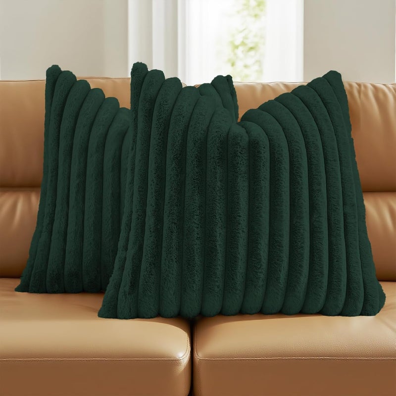 FUTEI Pack of 2 Fluffy Faux Fur Throw Pillow Covers 18x18 Inch Elegant Striped Textured Decorative Cushion Cases Modern Accent Pillow for Couch Bed Living Room, Dark Green - Image 1