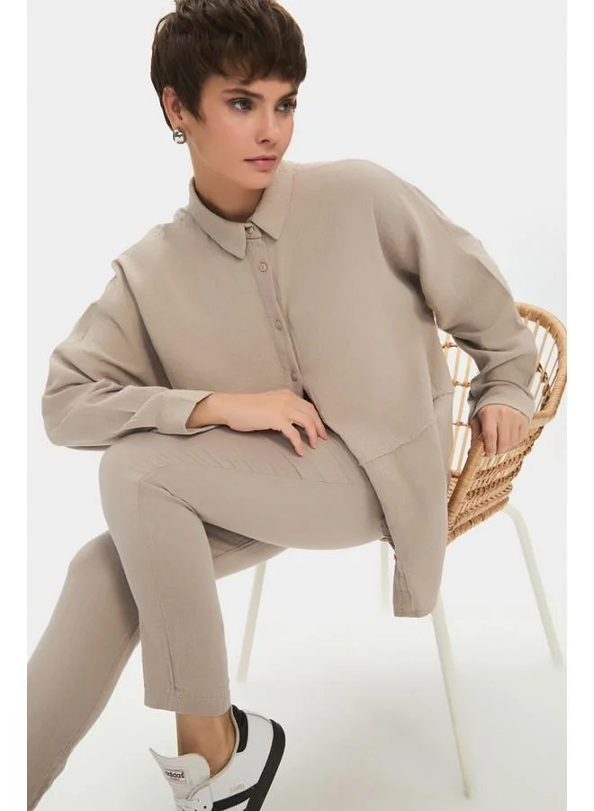 جون June Women 100% Linen Shirt Trouser Set Beige