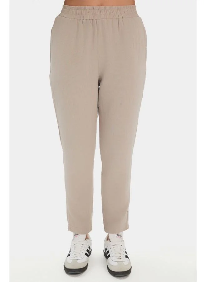 جون June Women 100% Linen Shirt Trouser Set Beige