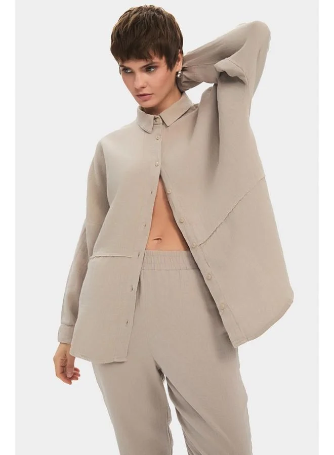 جون June Women 100% Linen Shirt Trouser Set Beige