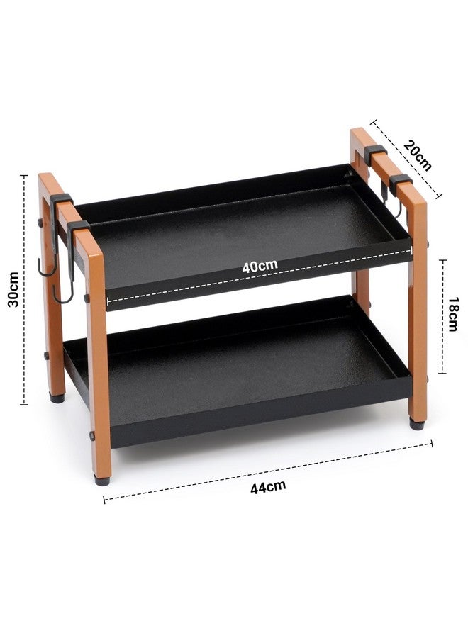 Livzing Metal 2 Tier Spice Rack for Kitchen Space Saving Countertop Storage Racks Cosmetics Organizer Kitchen Shelf Bathroom Organizer Stand Multipurpose Tiered Shelves With Plastic Hooks- Black - Image 2
