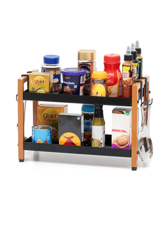 Livzing Metal 2 Tier Spice Rack for Kitchen Space Saving Countertop Storage Racks Cosmetics Organizer Kitchen Shelf Bathroom Organizer Stand Multipurpose Tiered Shelves With Plastic Hooks- Black - Image 3