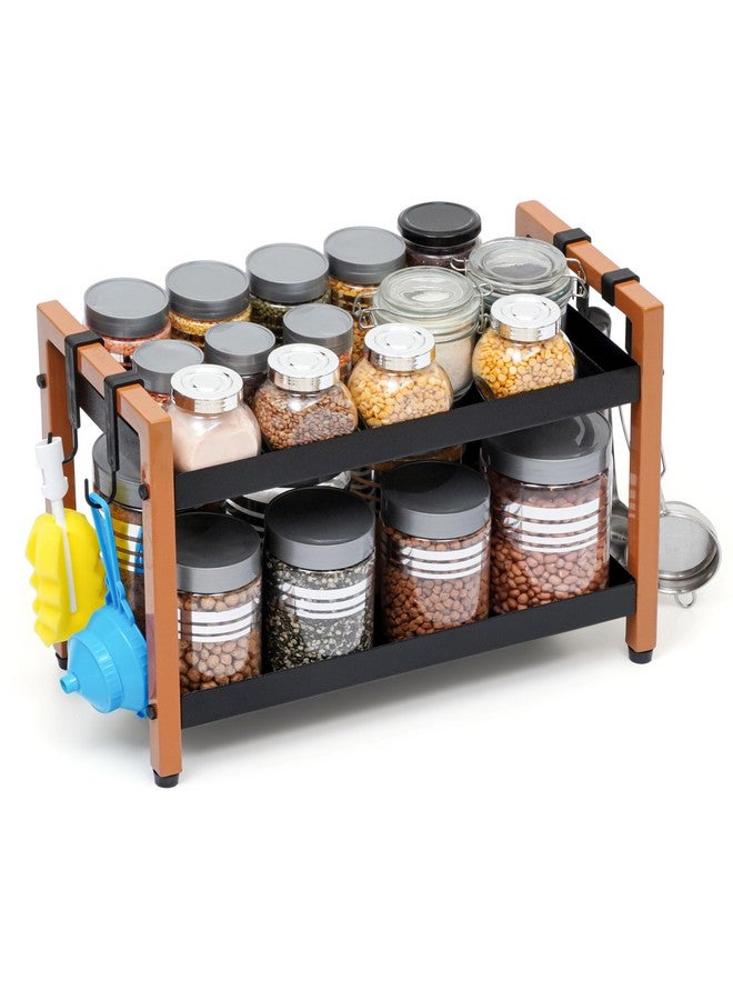 Livzing Metal 2 Tier Spice Rack for Kitchen Space Saving Countertop Storage Racks Cosmetics Organizer Kitchen Shelf Bathroom Organizer Stand Multipurpose Tiered Shelves With Plastic Hooks- Black - Image 1