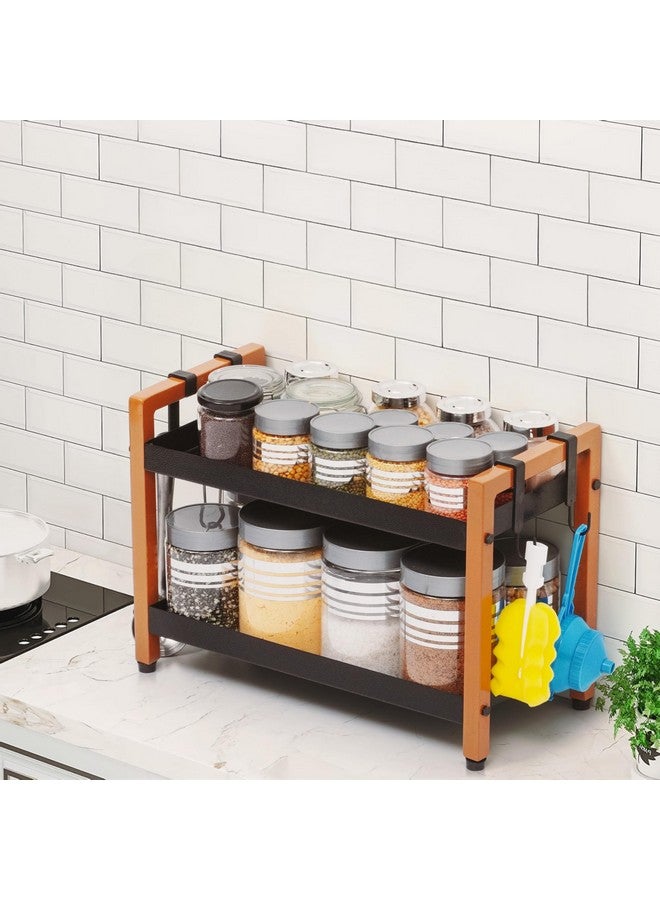 Livzing Metal 2 Tier Spice Rack for Kitchen Space Saving Countertop Storage Racks Cosmetics Organizer Kitchen Shelf Bathroom Organizer Stand Multipurpose Tiered Shelves With Plastic Hooks- Black - Image 4
