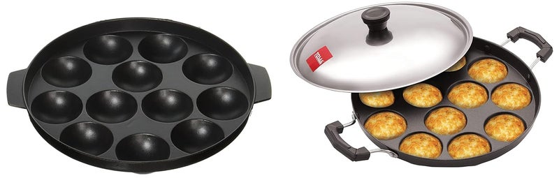 Tosaa Aluminium 12 Cavity Appam Patra Side Handle with Lid 23 cm Black NonStick 12 Cavity Appam Patra 21cm Combo - Image 1