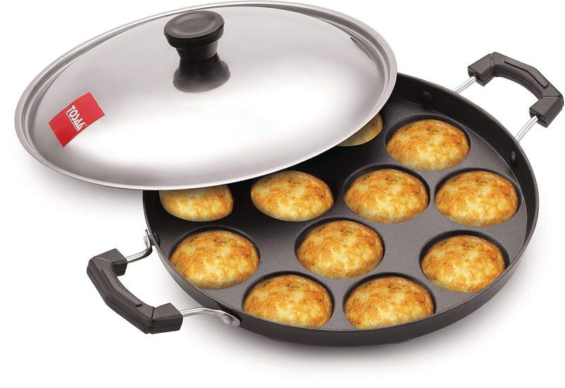 Tosaa Aluminium 12 Cavity Appam Patra Side Handle with Lid 23 cm Black NonStick 12 Cavity Appam Patra 21cm Combo - Image 2