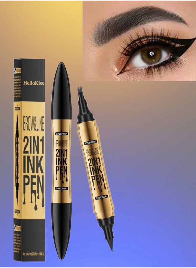 HelloKiss Brow and Line 2in1 Ink Pen for Eyebrow and Eyeliner Pen Waterproof Eyeliner Pencil 3D Microblading Eyebrow Tattoo Pencil 4 Fork Tip with Eyeliner Grey Eyebrow and Black Eyeliner Pencil 03  - Image 1