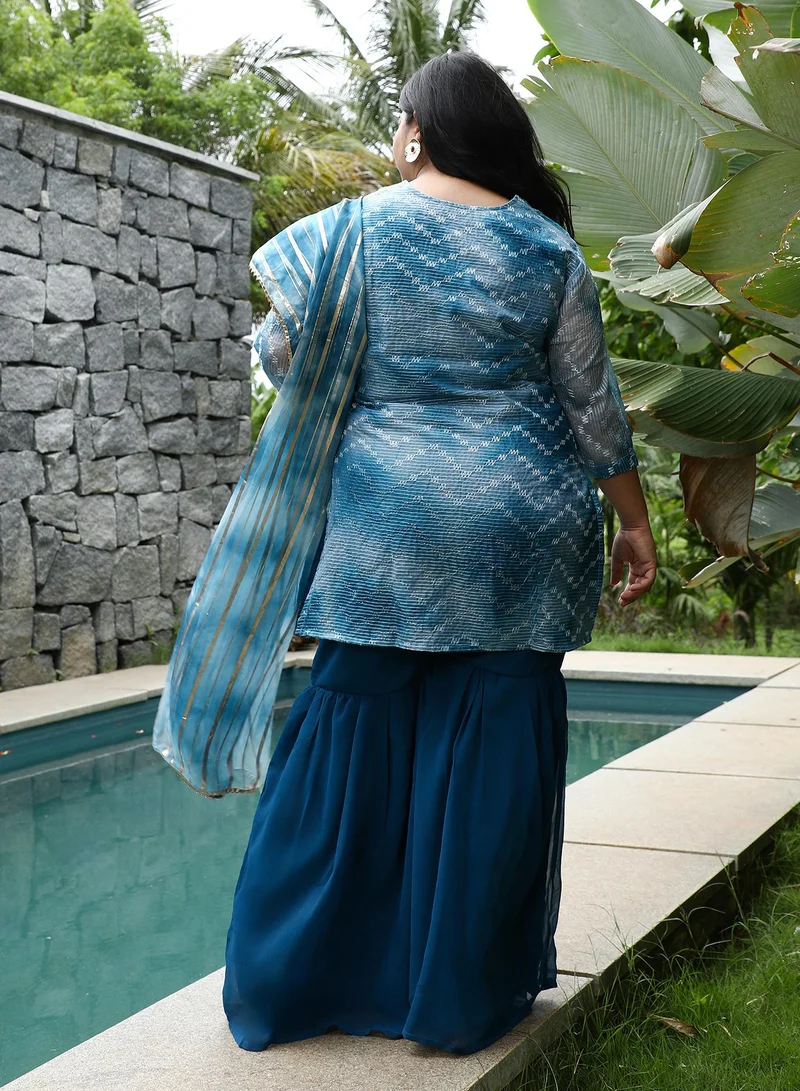 Instafab Plus Instafab Plus Women's Indigo Blue Tie-Dye Kurti With Palazzo & Dupatta For Ethnic Wear | Portrait Neck, Quarter Regular Sleeve | Tiedye Embroidered Fabric | 3 Piece Kurta Set For Casual & Evening Wear