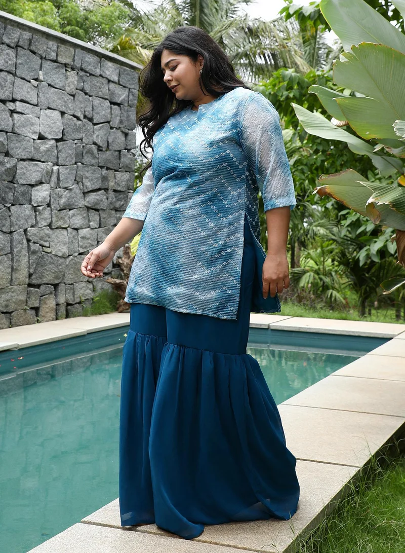 Instafab Plus Instafab Plus Women's Indigo Blue Tie-Dye Kurti With Palazzo & Dupatta For Ethnic Wear | Portrait Neck, Quarter Regular Sleeve | Tiedye Embroidered Fabric | 3 Piece Kurta Set For Casual & Evening Wear