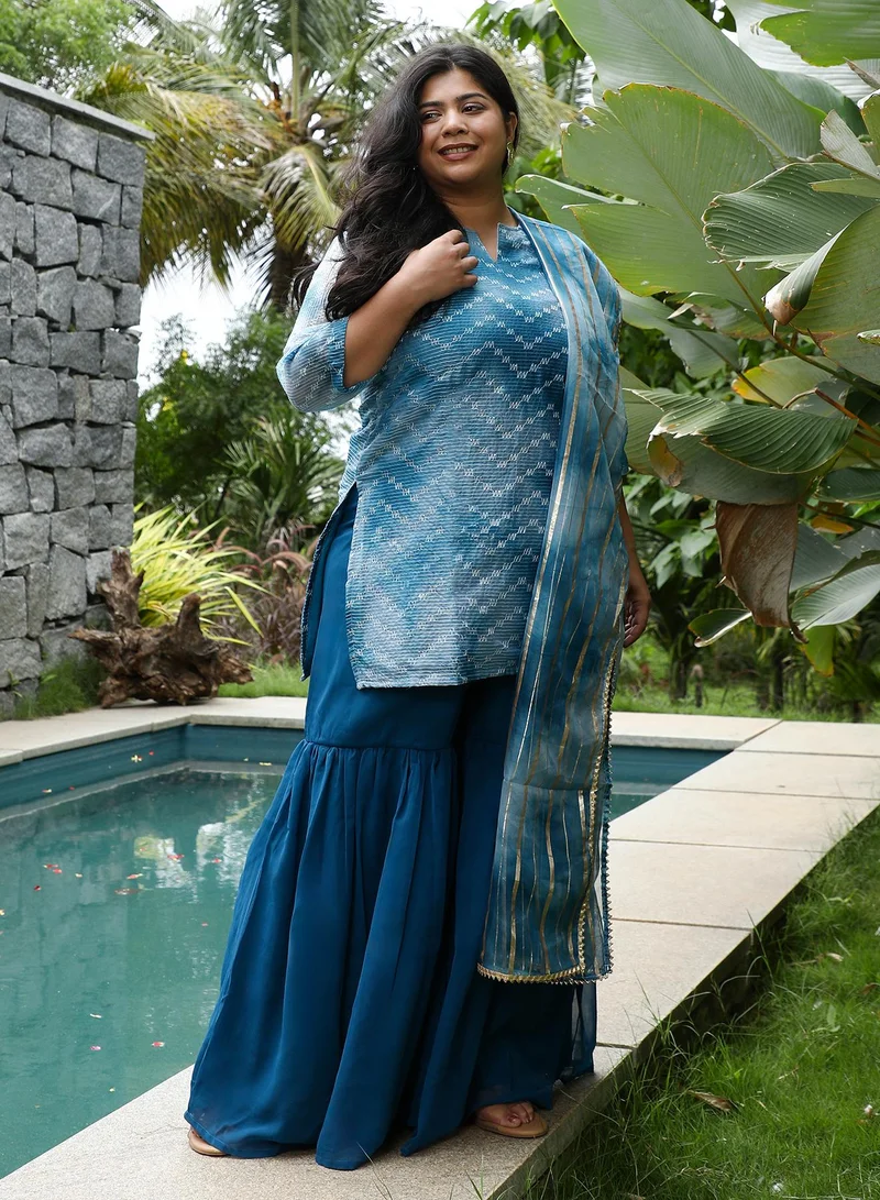 Instafab Plus Instafab Plus Women's Indigo Blue Tie-Dye Kurti With Palazzo & Dupatta For Ethnic Wear | Portrait Neck, Quarter Regular Sleeve | Tiedye Embroidered Fabric | 3 Piece Kurta Set For Casual & Evening Wear