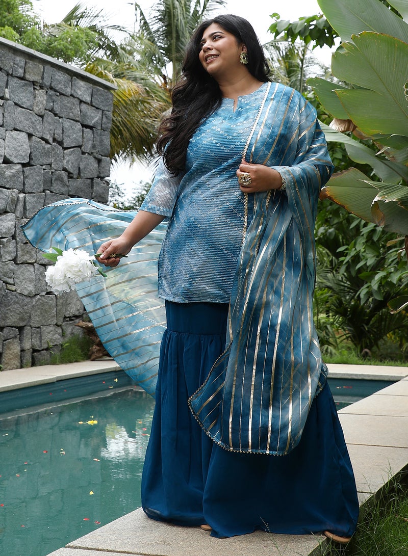 Instafab Plus Women's Indigo Blue Tie-Dye Kurti With Palazzo & Dupatta For Ethnic Wear | Portrait Neck, Quarter Regular Sleeve | Tiedye Embroidered Fabric | 3 Piece Kurta Set For Casual & Evening Wear - Image 1