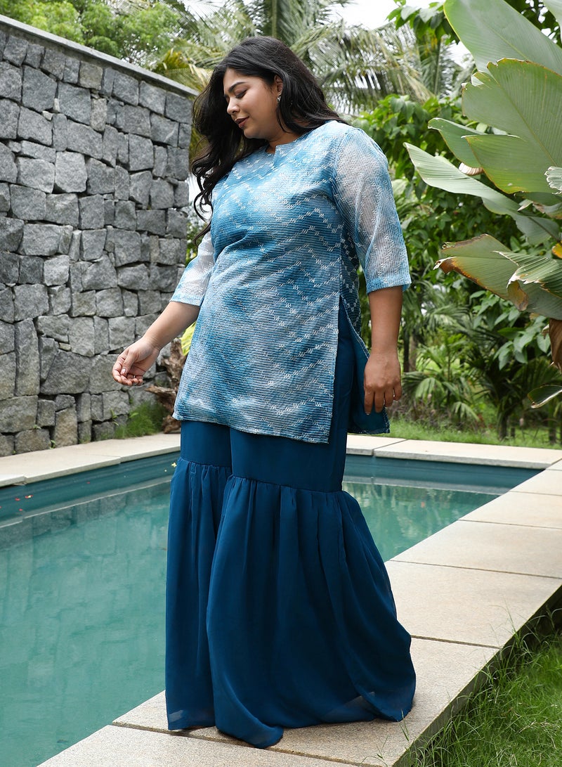 Instafab Plus Women's Indigo Blue Tie-Dye Kurti With Palazzo & Dupatta For Ethnic Wear | Portrait Neck, Quarter Regular Sleeve | Tiedye Embroidered Fabric | 3 Piece Kurta Set For Casual & Evening Wear - Image 3