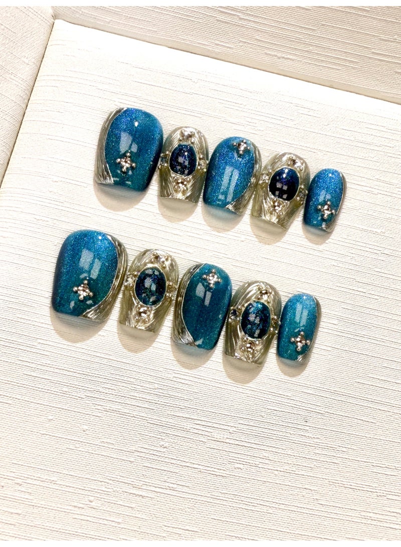 النقوش الأظافر القابلة للإحكام اليدوية الأصيلة - تصميم عين القط للجزيرة الزرقاء، ملصق أظافر وهمية قابلة للفصل، طريقة سلم قصر، رقم المنتج 2058 - Image 1