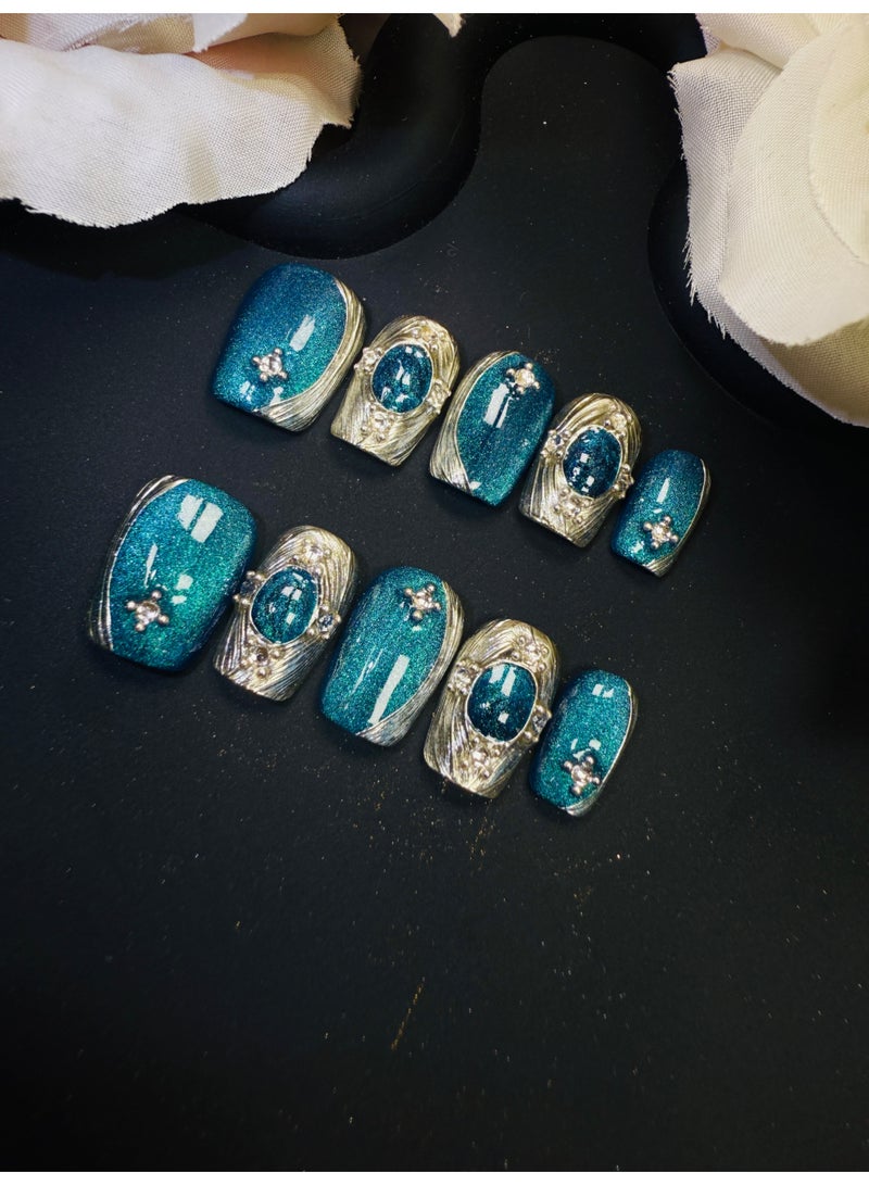 النقوش الأظافر القابلة للإحكام اليدوية الأصيلة - تصميم عين القط للجزيرة الزرقاء، ملصق أظافر وهمية قابلة للفصل، طريقة سلم قصر، رقم المنتج 2058 - Image 2