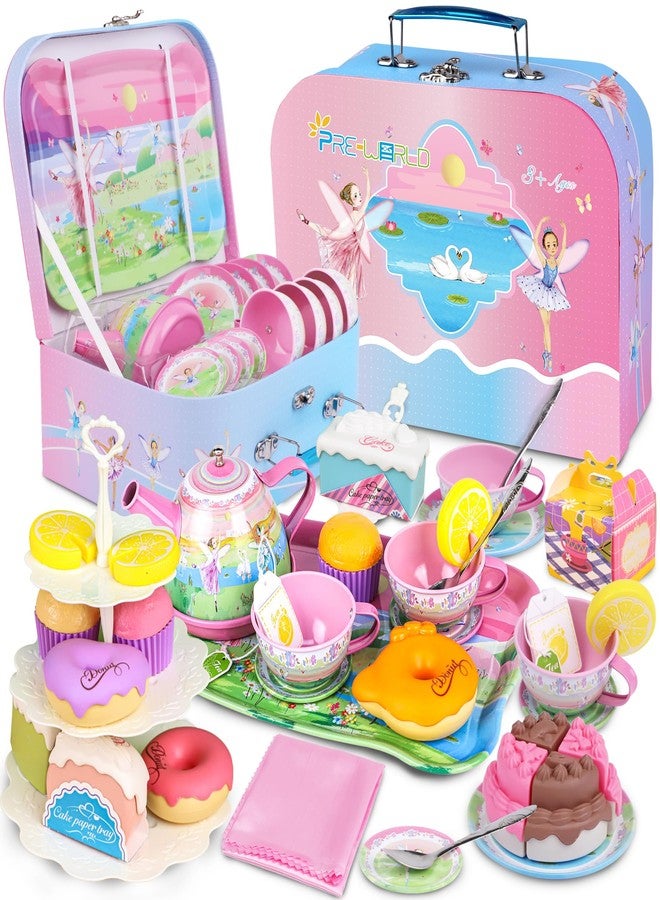 PRE-WORLD Tea Set for Little Girls,PRE-WORLD 50PCS Princess Tea Party Time Toy Including Dessert,Cookies,Doughnut,Teapot Tray Cake, Tablecloth & Carrying Case,Kids Kitchen Pretend Play for Girls Boys Age 3-6 - Image 1