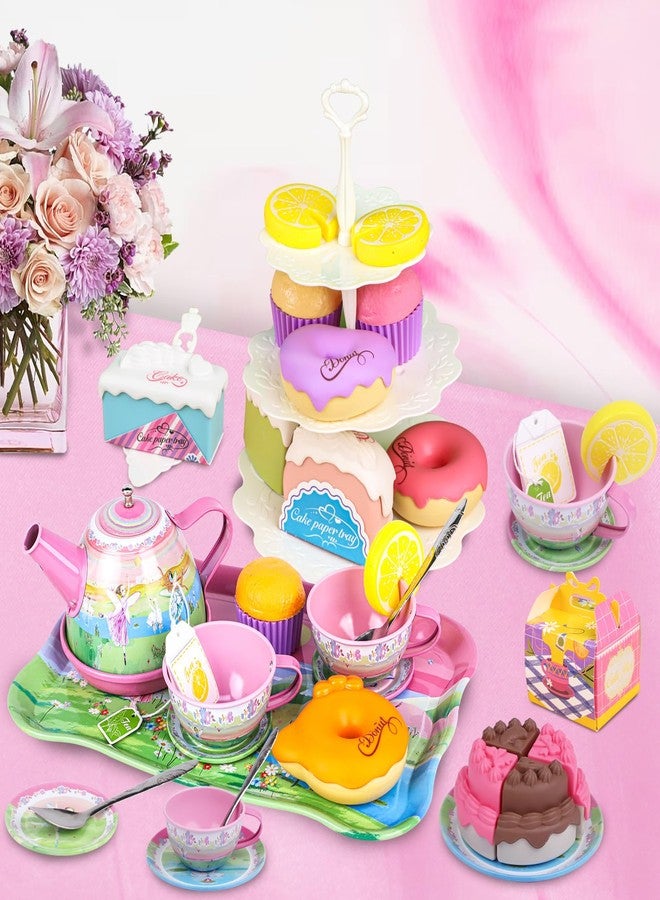 PRE-WORLD Tea Set for Little Girls,PRE-WORLD 50PCS Princess Tea Party Time Toy Including Dessert,Cookies,Doughnut,Teapot Tray Cake, Tablecloth & Carrying Case,Kids Kitchen Pretend Play for Girls Boys Age 3-6 - Image 2