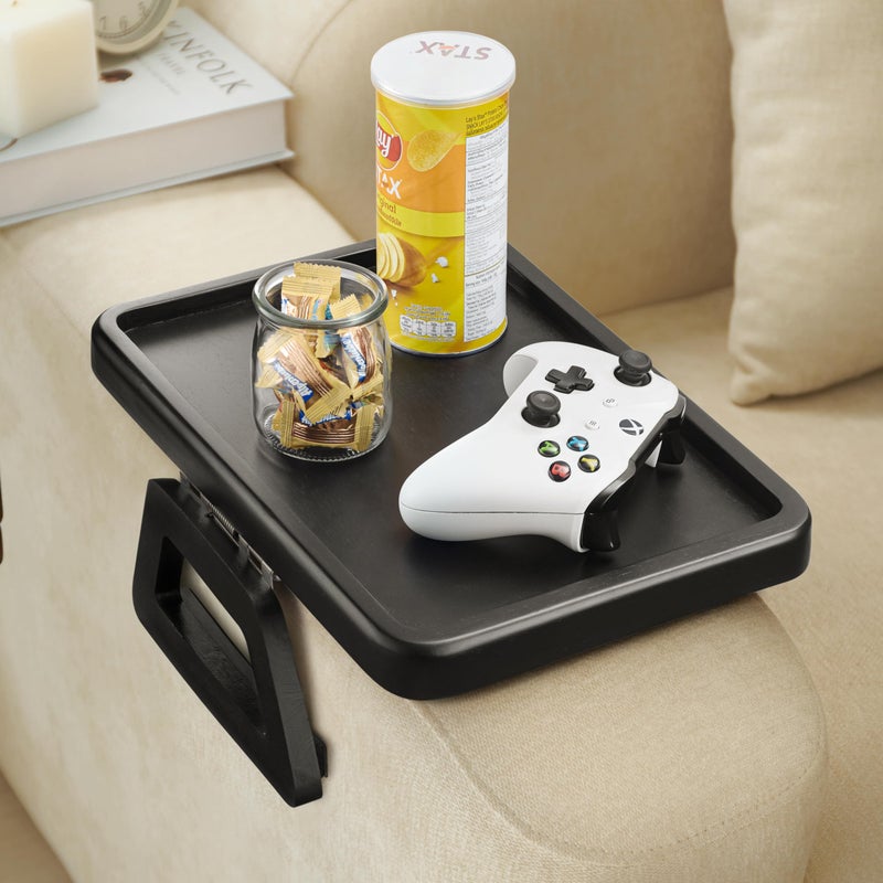Tinamo Acacia Couch Arm Table  Wooden Sofa Armrest Tray  Clipon Tray for Wide Couch  Side Table for Eating  Drink Black