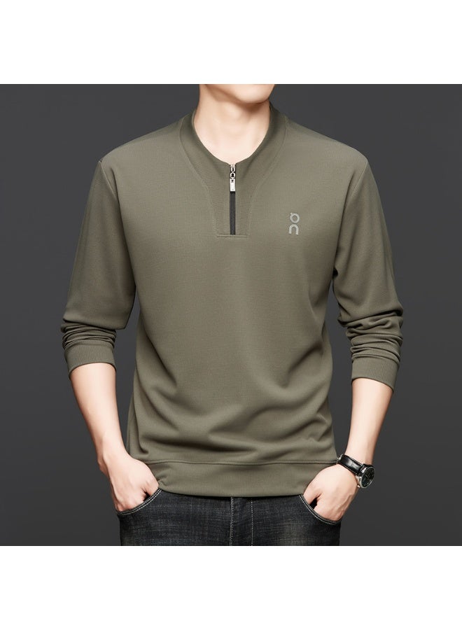 أون بلوزة ON نصف سحاب وفتحة رقبة دائرية، بلوزة عصرية غير رسمية متعددة الاستخدامات بأكمام طويلة (أخضر كاكي) - Image 1