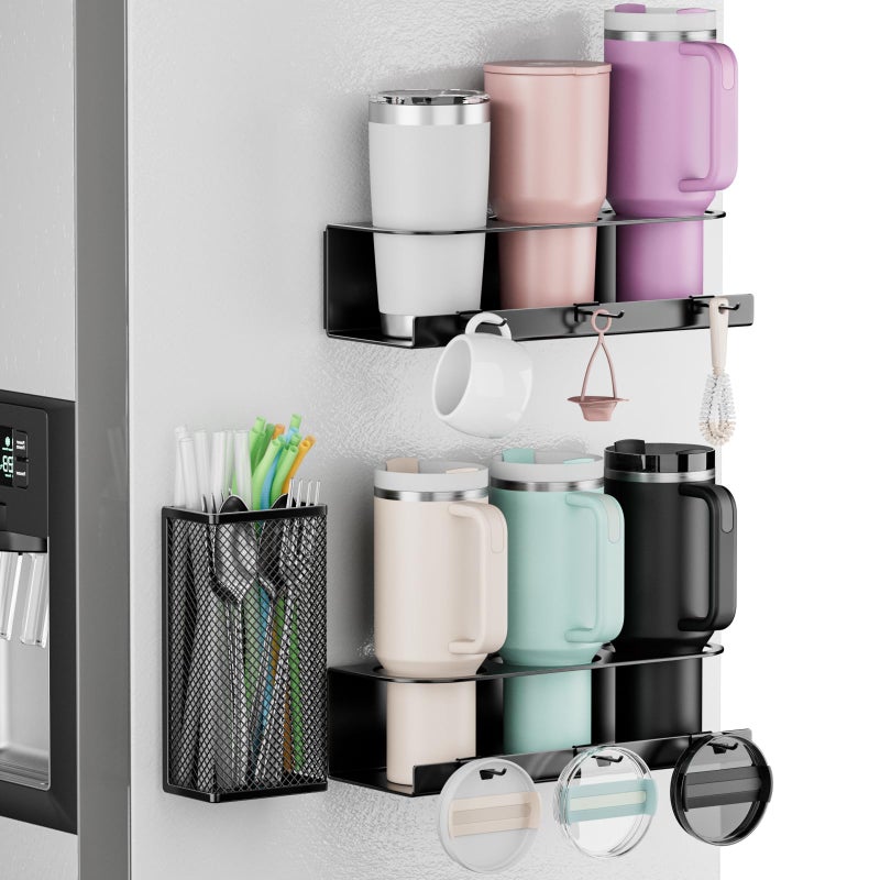 OVICAR Magnetic Cup Holder for Stanley 20/30/40oz - 2 Pack Tumbler Organizer for Refrigerator - Water Bottle Organizer with Straw Basket & 6 Hooks Tumbler Cup Lids Accessories Storage Black - Image 1