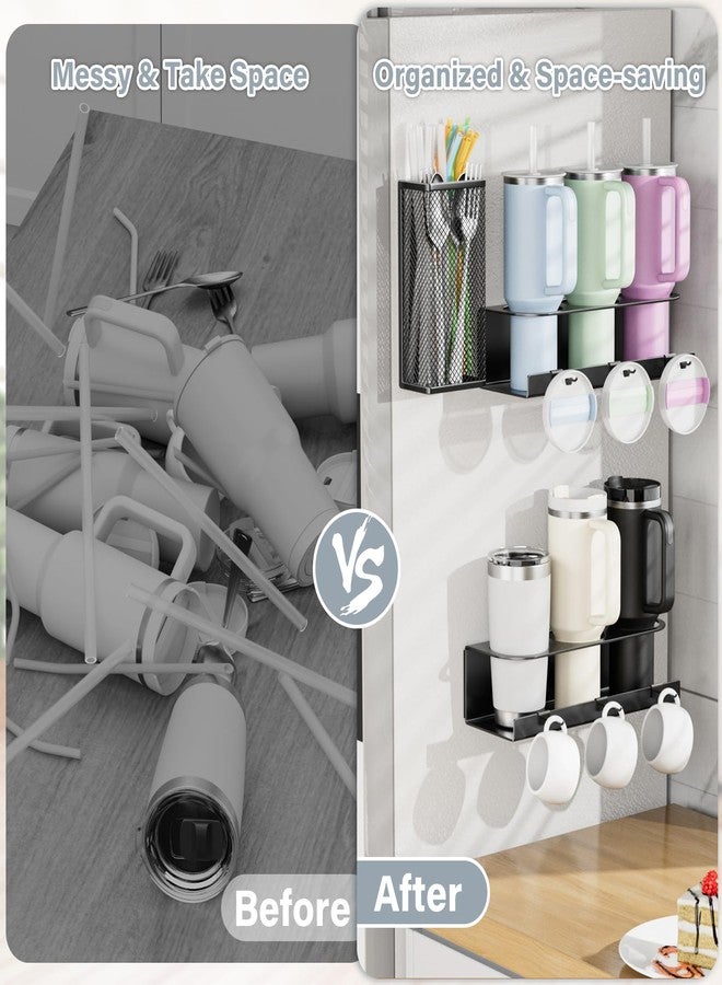 OVICAR Magnetic Cup Holder for Stanley 20/30/40oz - 2 Pack Tumbler Organizer for Refrigerator - Water Bottle Organizer with Straw Basket & 6 Hooks Tumbler Cup Lids Accessories Storage Black - Image 5