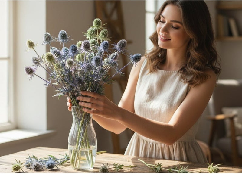 فانسي فلورز إيرينجيوم بلانوم مجفف من فاني (مطلي)، سيقان طبيعية مجففة فاخرة بطول 40–60 سم – لون فضي - Image 3