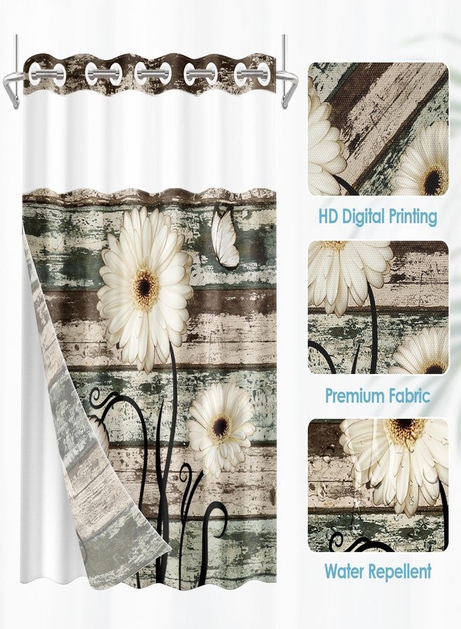 Nesphy No Hook Vintage Flower Shower Curtain with Snap in Fabric Liner Set, Daisy Wooden Boards Double Layers Waterproof Fabric with See Through Top Window Open Grommet Bath Curtain 71x74 Inch - Image 2