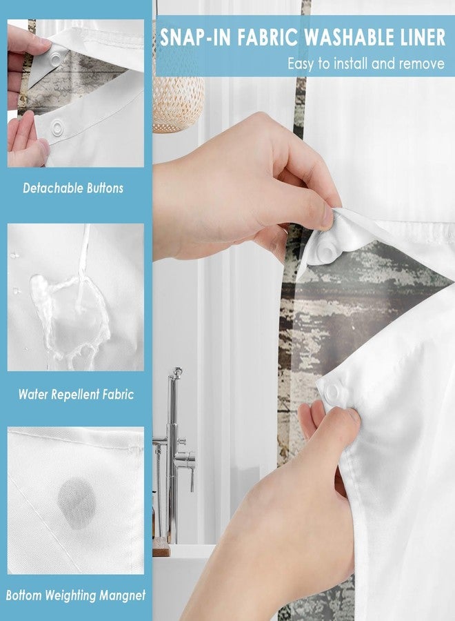 Nesphy No Hook Vintage Flower Shower Curtain with Snap in Fabric Liner Set, Daisy Wooden Boards Double Layers Waterproof Fabric with See Through Top Window Open Grommet Bath Curtain 71x74 Inch - Image 3