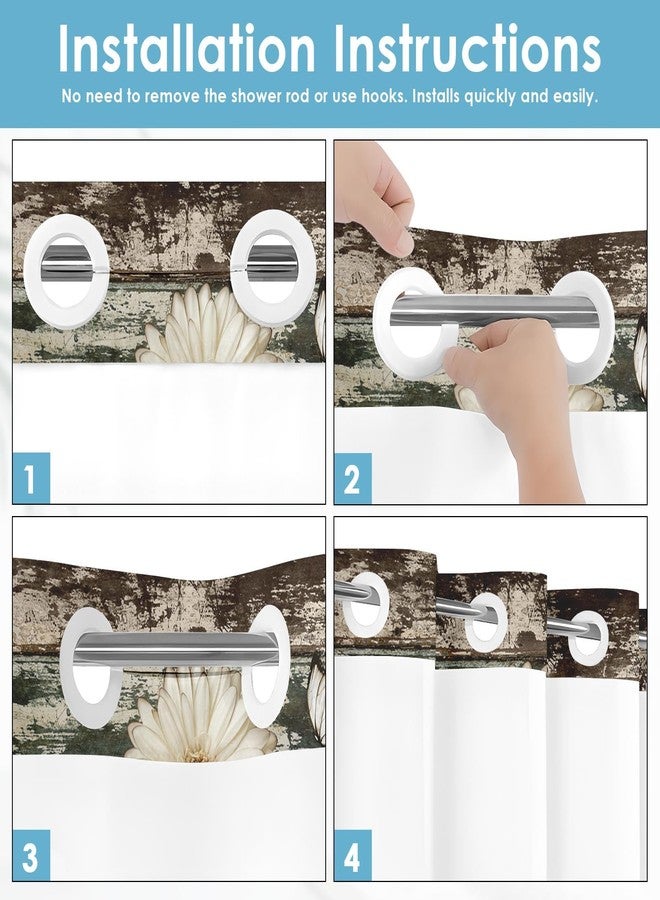 Nesphy No Hook Vintage Flower Shower Curtain with Snap in Fabric Liner Set, Daisy Wooden Boards Double Layers Waterproof Fabric with See Through Top Window Open Grommet Bath Curtain 71x74 Inch - Image 5