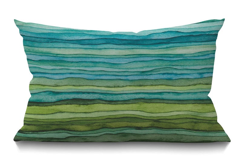 Smooffly Watercolor Throw Pillow CoverStripped Waves Blue and Green Paint Brush Gradient Marine Sea Splash Cotton Linen Throw Pillow case Cushion Cover for Sofa Home Decorative Oblong 12x20 Inches