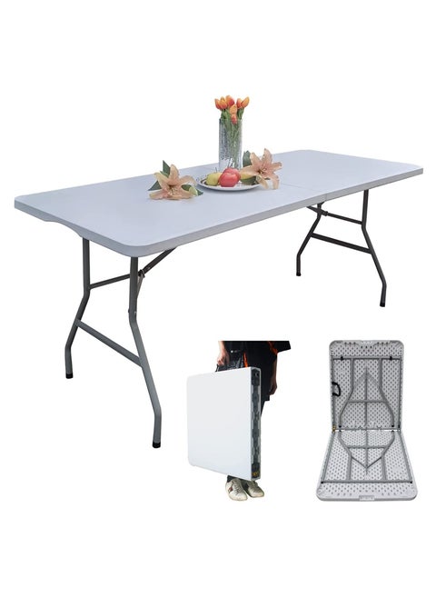 6 Foot Folding Table, 6ft x 30 inch Plastic Foldable Table Portable with Handle, Fold-in-Half Heavy Duty Utility Table, Bi-Folding Table Picnic Party Dining Camping Indoor Outdoor, White(6ft)